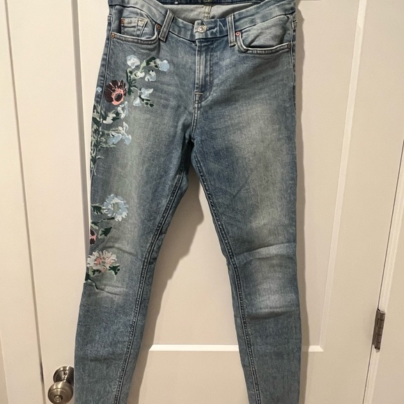 7 For All Mankind The Ankle Skinny Jeans Size 27 Floral Painted Denim - Picture 3 of 8